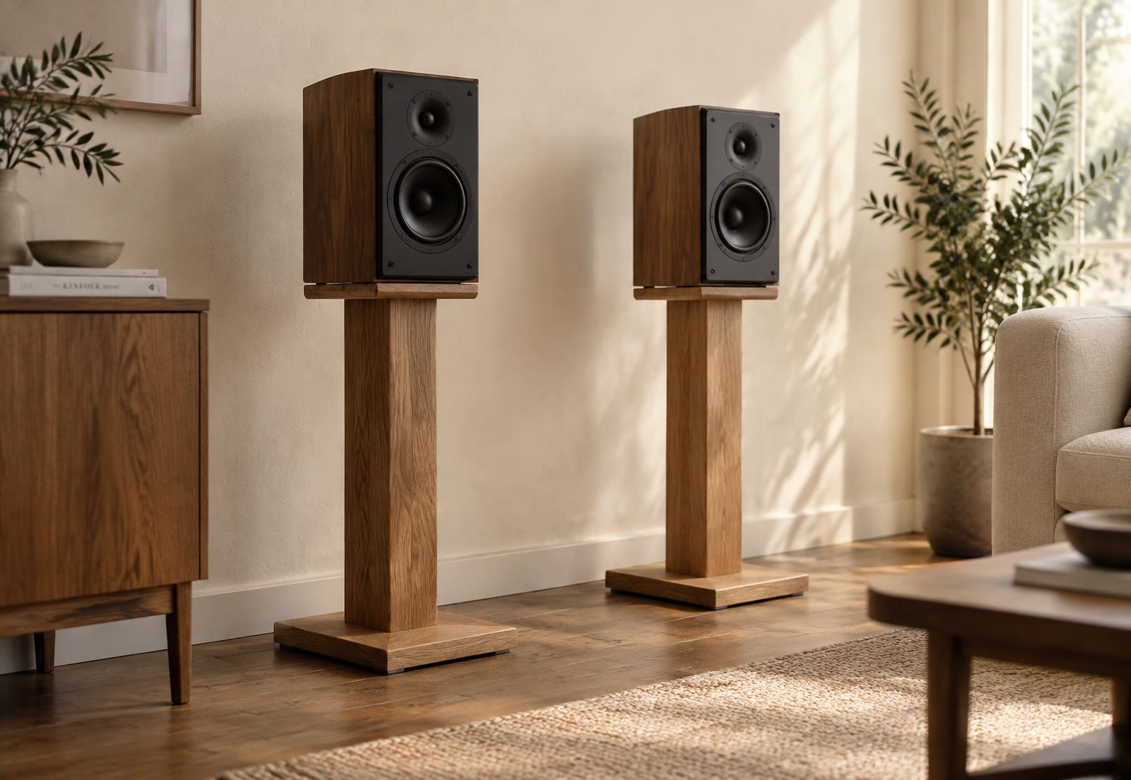 A pair of solid oak Wood Audio speaker stands holding bookshelf speakers in a warm living room