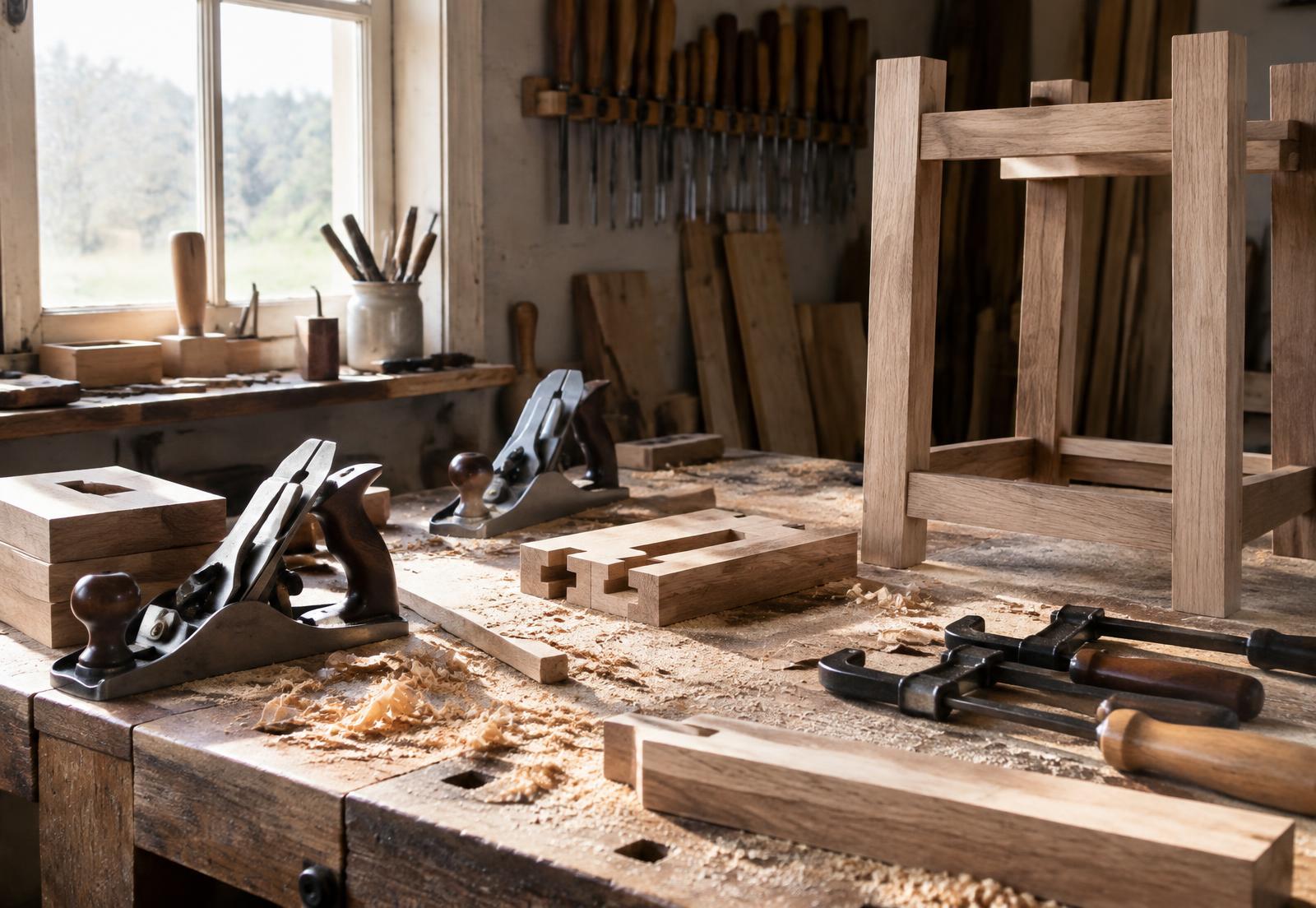 A small woodworking workshop with hand planes, clamps and oak offcuts